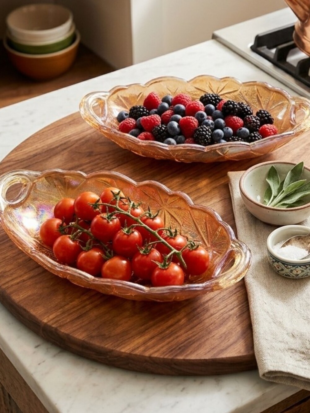 Indiana Glass Iridescent Marigold Sunflower Oval Relish Trays - Set of 2